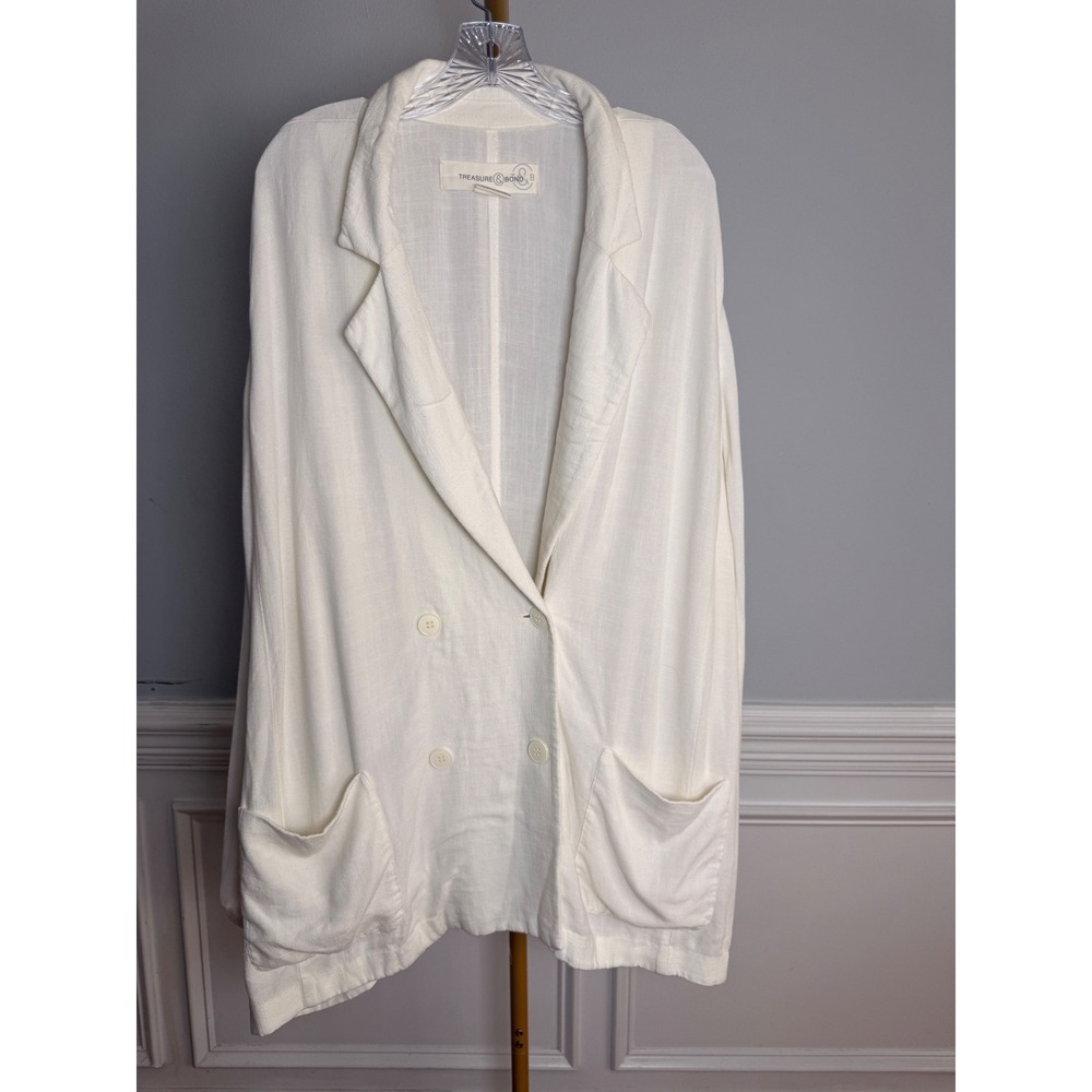 Treasure & Bond Blazer Womens 3X White Viscose‎ Linen Relaxed Double Breasted